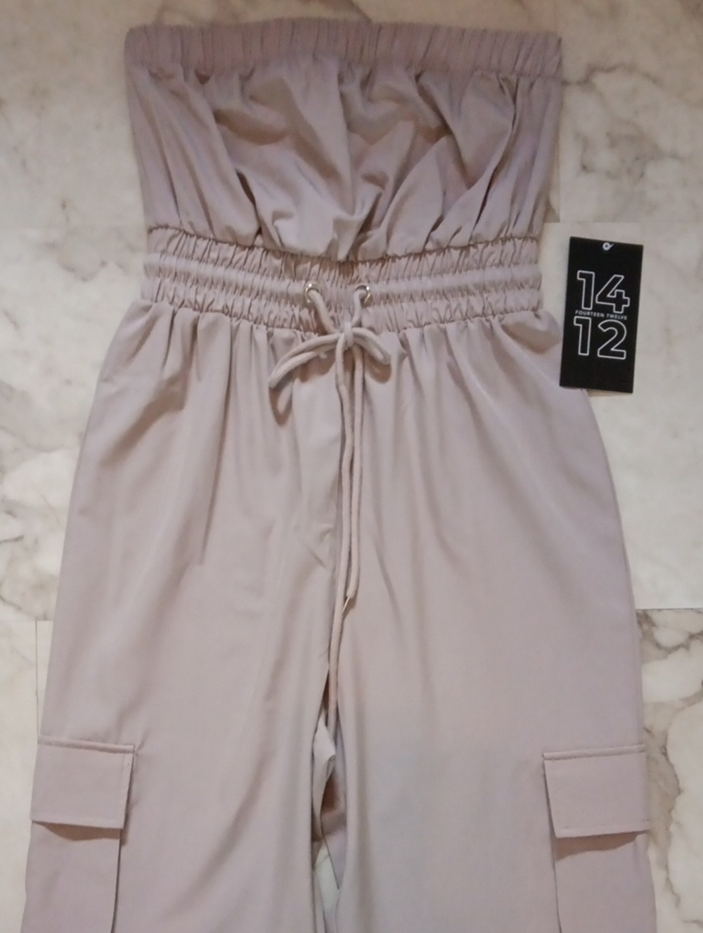 Fourteen Twelve Strapless Cargo Jumpsuit in Light Beige